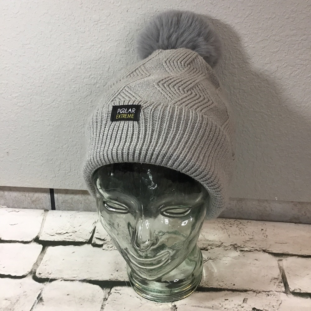 Polar Extreme Hat Unisex One‎ Size Beanie Gray PomPom Faux Fur Lined Ski Cap